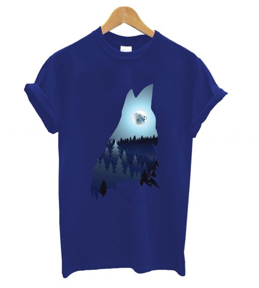 Wolf Howling with Forest blue moon T-Shirt