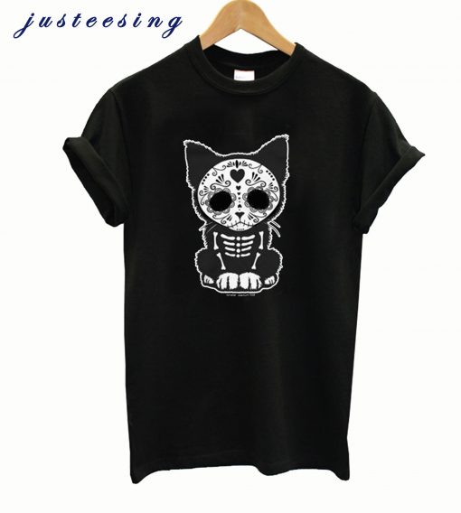 Day Of The Dead Sugar Skull Kitten Graphic Print Pure Cotton Shirt