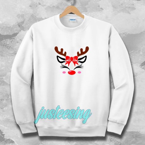 Christmas Reindeer Bow Holly Face Sweatshirt