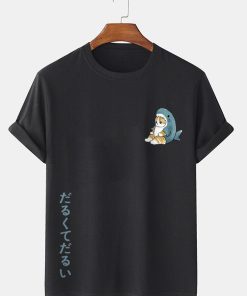 Mens Cartoon Shark Cat Japanese Print Short Sleeve T-Shirt TPKJ3